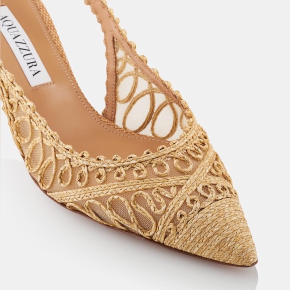 New AQUAZZURA Beige Raffia Kahlo Slingback Pumps 50 $950 - Picture 3 of 14